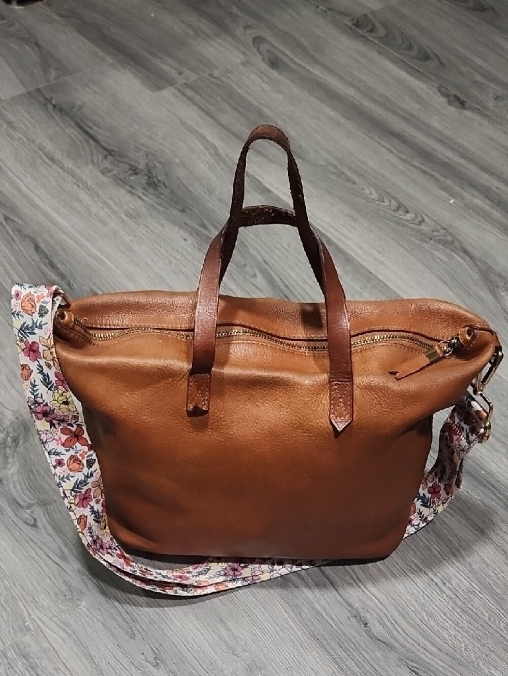 Camel Pebbled Leather Madewell Transport Med Tote W/Floral Guitar Strap